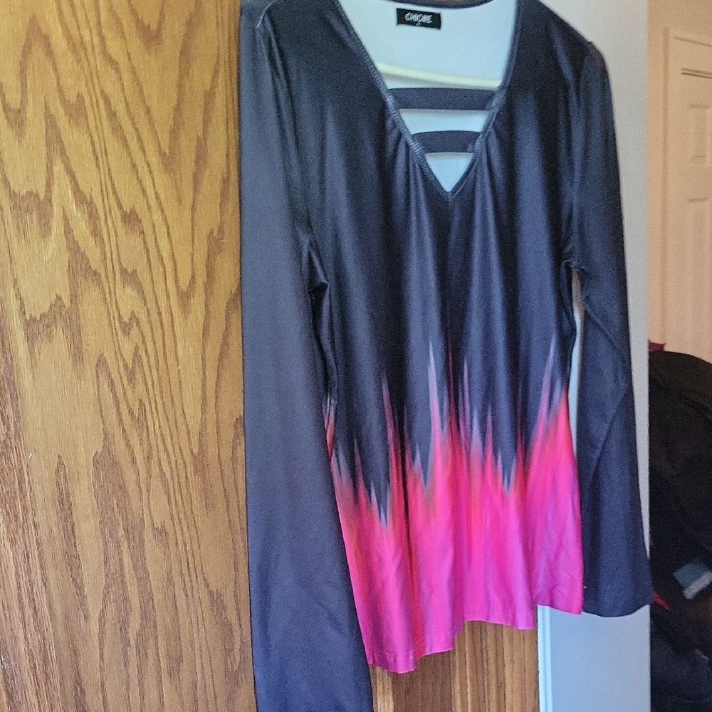Gray and Pink Cut Out Blouse with Full Sleeves